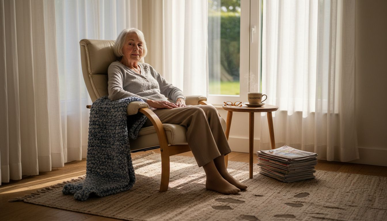 Een oudere dame zit ontspannen in haar favoriete stoel in de woonkamer.
