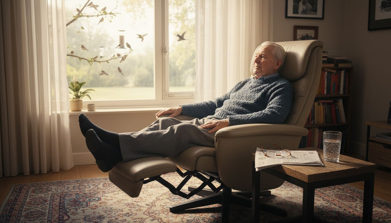 Een oudere man geniet van zijn rust in een comfortabele relaxstoel.