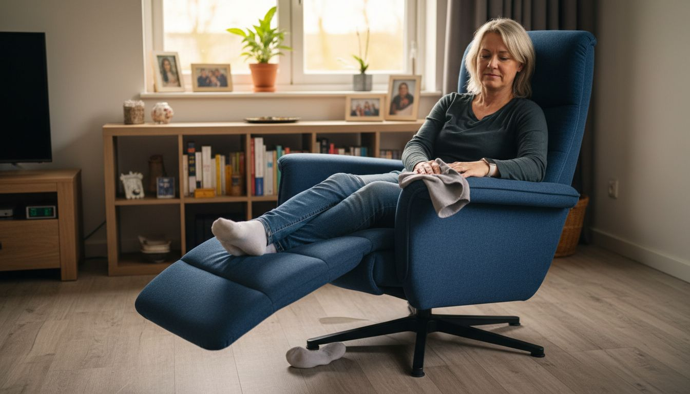 Een vrouw maakt haar relaxstoel schoon in de woonkamer.