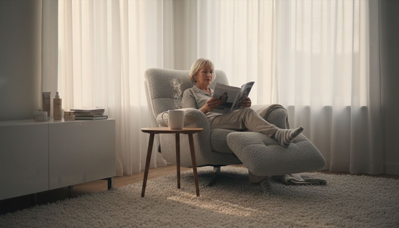 Een vrouw geniet van een ontspannen moment in haar comfortabele stoel in de woonkamer.