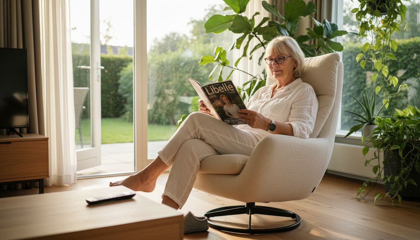 Een vrouw geniet ontspannen van haar comfortabele draaistoel.