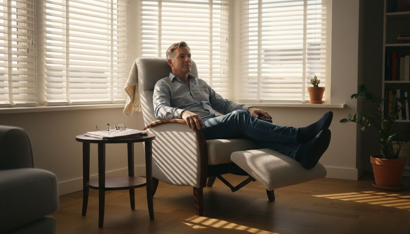 Een man komt helemaal tot rust in een comfortabele stoel met goede rugleuning.