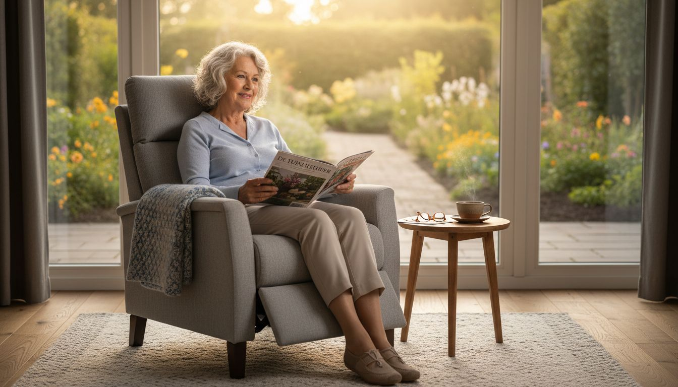 Een oudere dame geniet zichtbaar van een moment van rust in haar comfortabele relaxstoel.