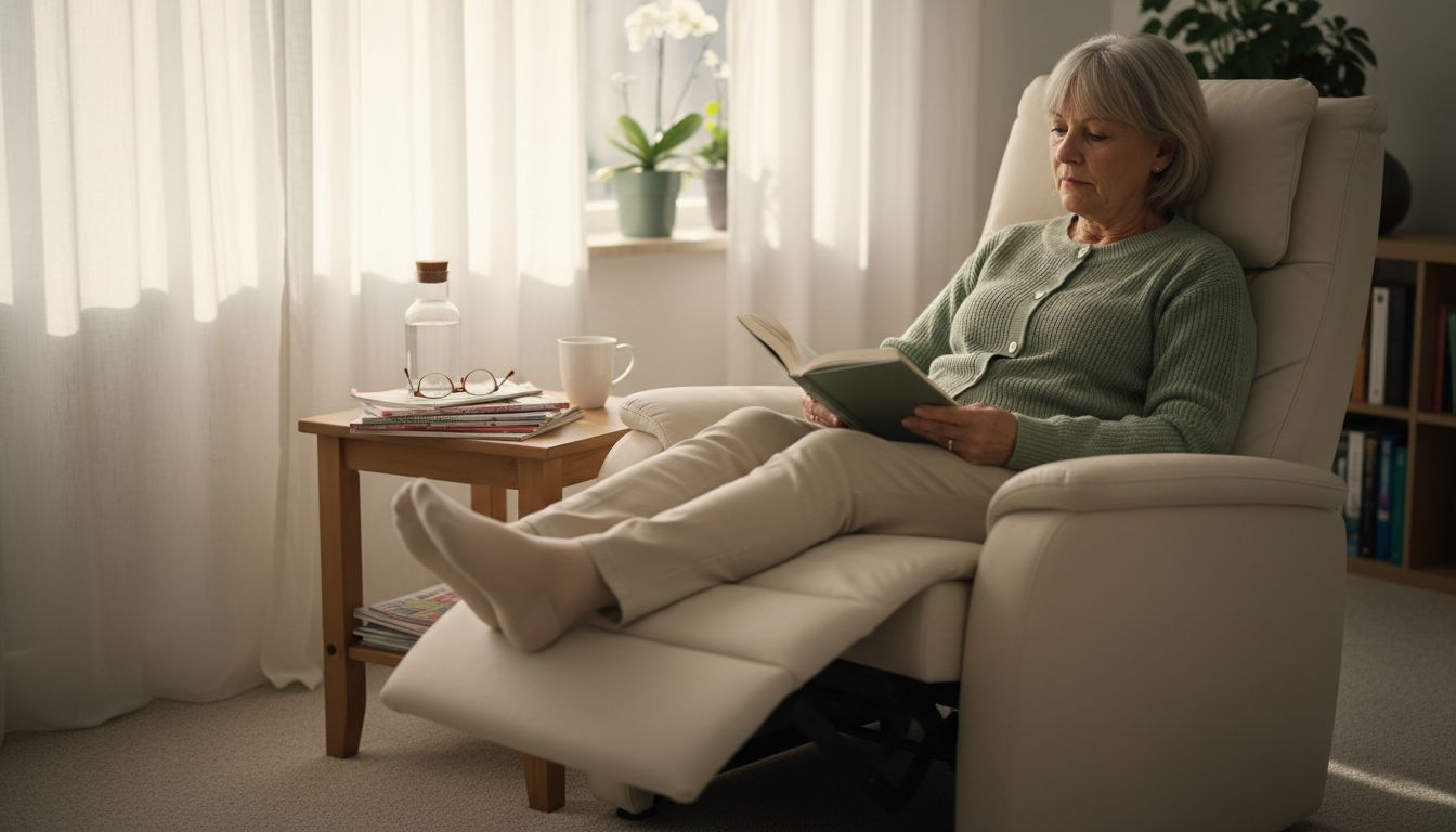 Een vrouw geniet van een welverdiend rustmoment in een comfortabele stoel tijdens haar revalidatie.