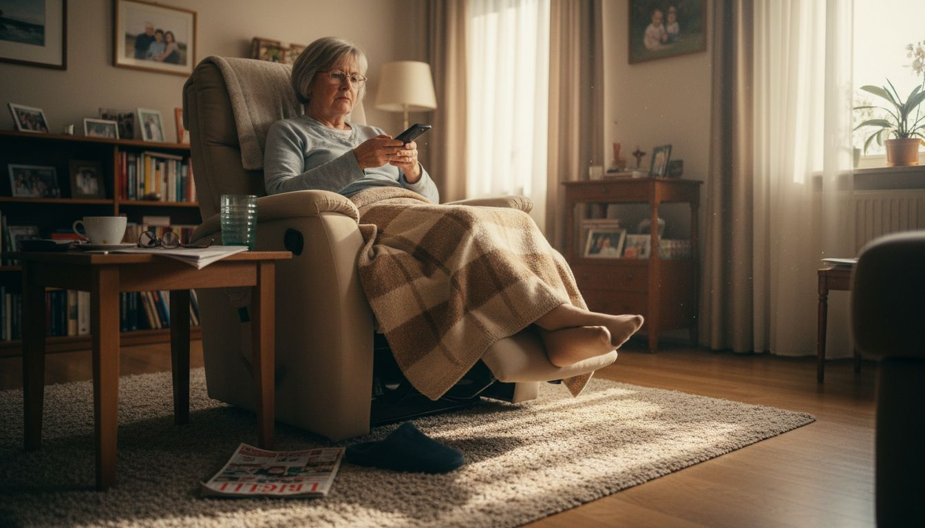 In de woonkamer zit een oudere dame comfortabel in haar sta-op stoel.