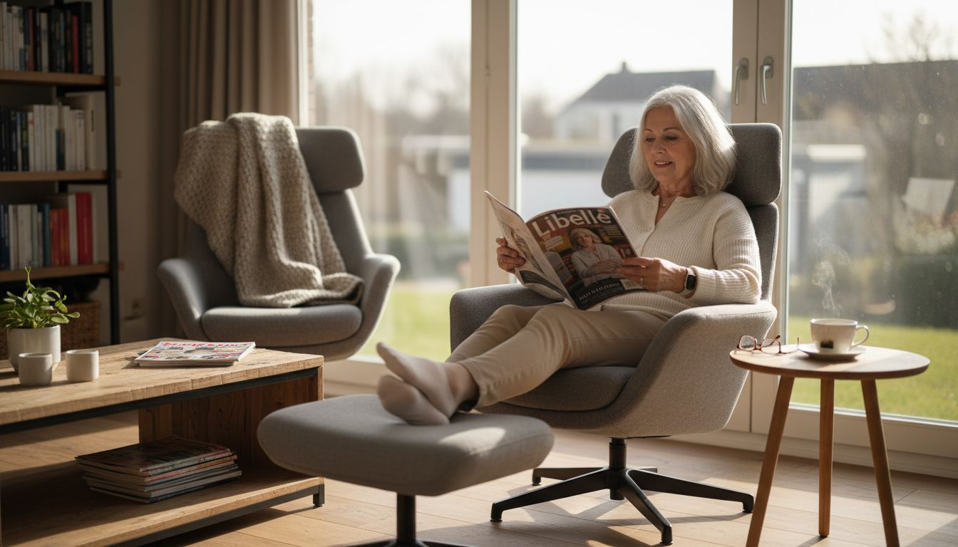 Een oudere dame zit thuis lekker in haar comfortabele stoel te lezen.