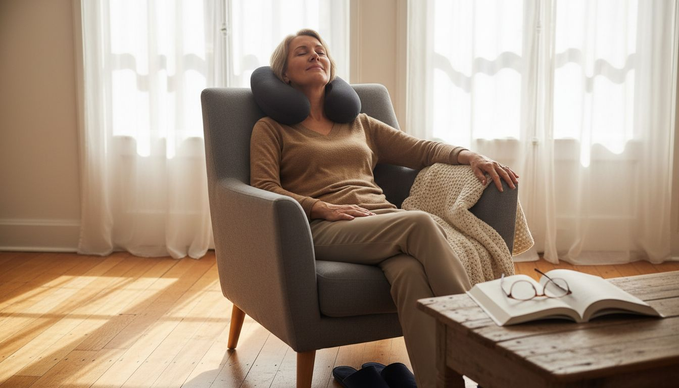 Een vrouw zit heerlijk ontspannen in haar fauteuil met een nekkussen.
