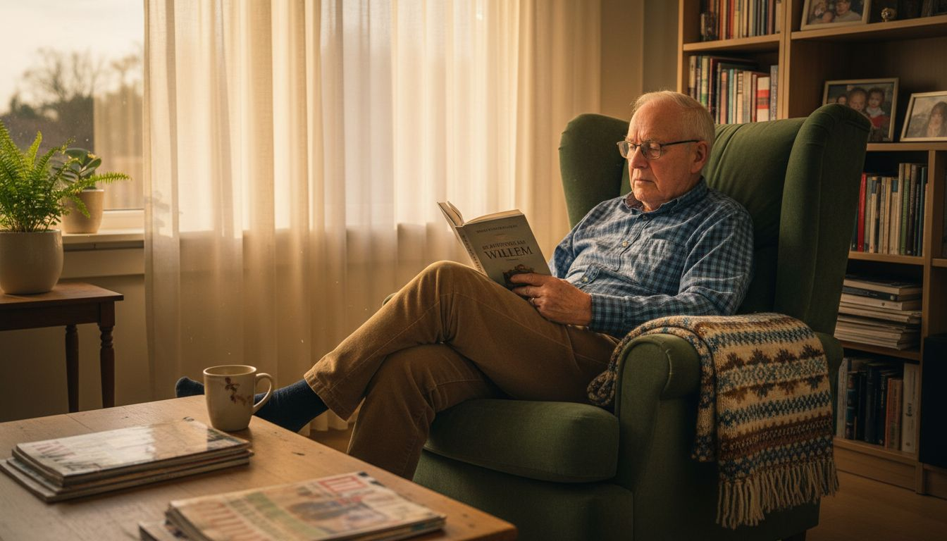 Een oudere man geniet ontspannen van zijn comfortabele fauteuil.