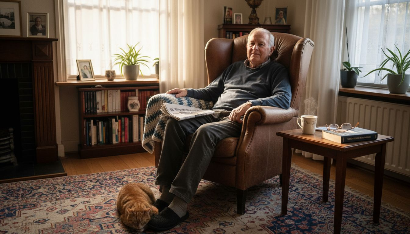 Een oudere heer zit ontspannen in zijn favoriete stoel bij het raam in de woonkamer.