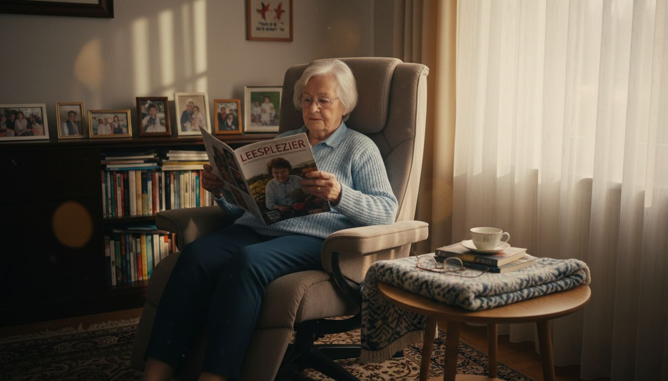Een oudere vrouw zit comfortabel in een relaxstoel met extra ondersteuning voor haar nek.