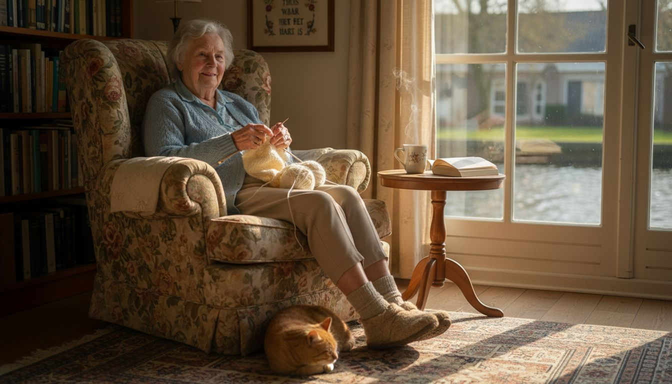 Een oudere dame zit ontspannen in haar comfortabele stoel, vlakbij het raam.