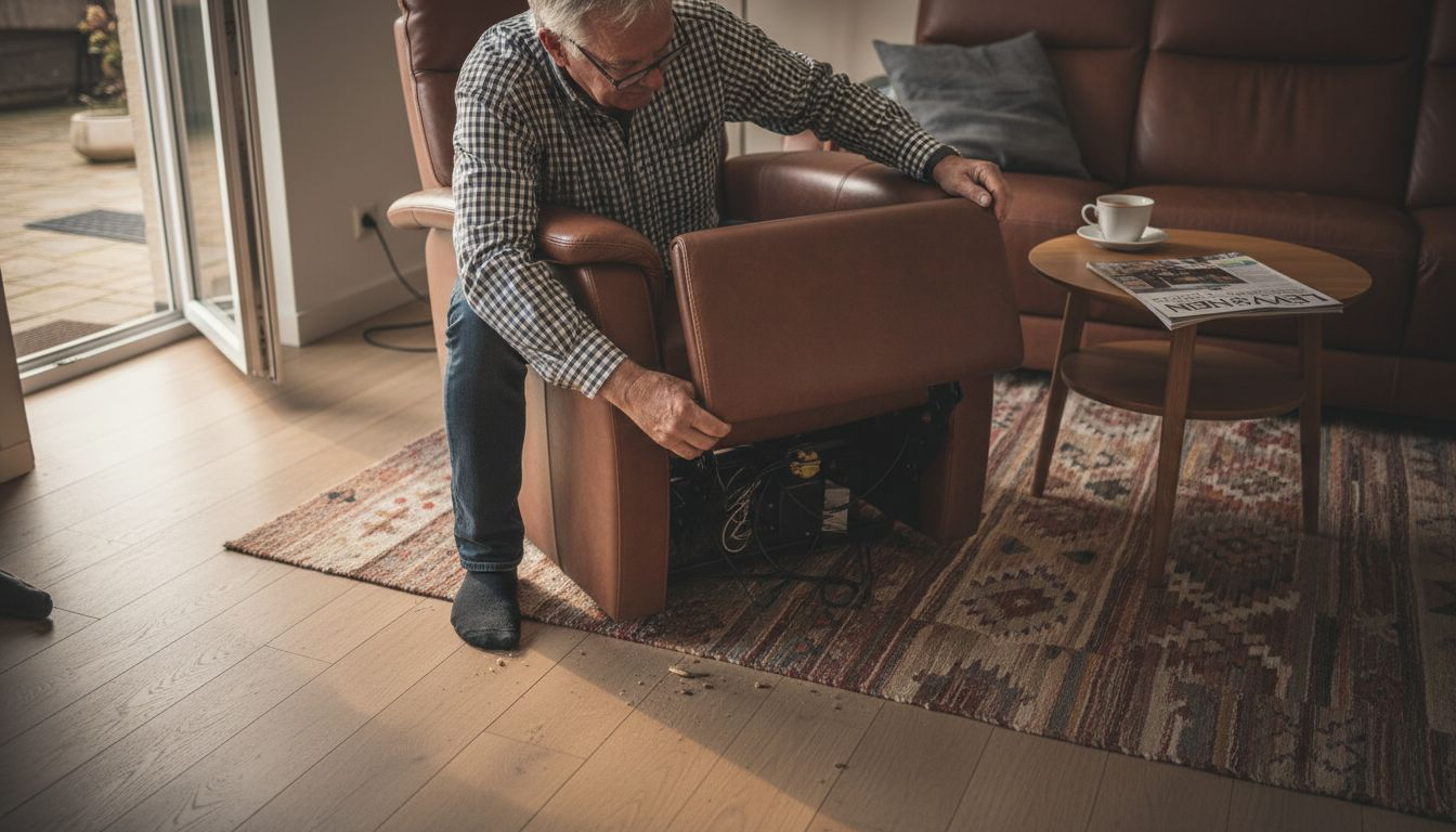 Man controleert relaxstoel om zeker te zijn van veilig gebruik