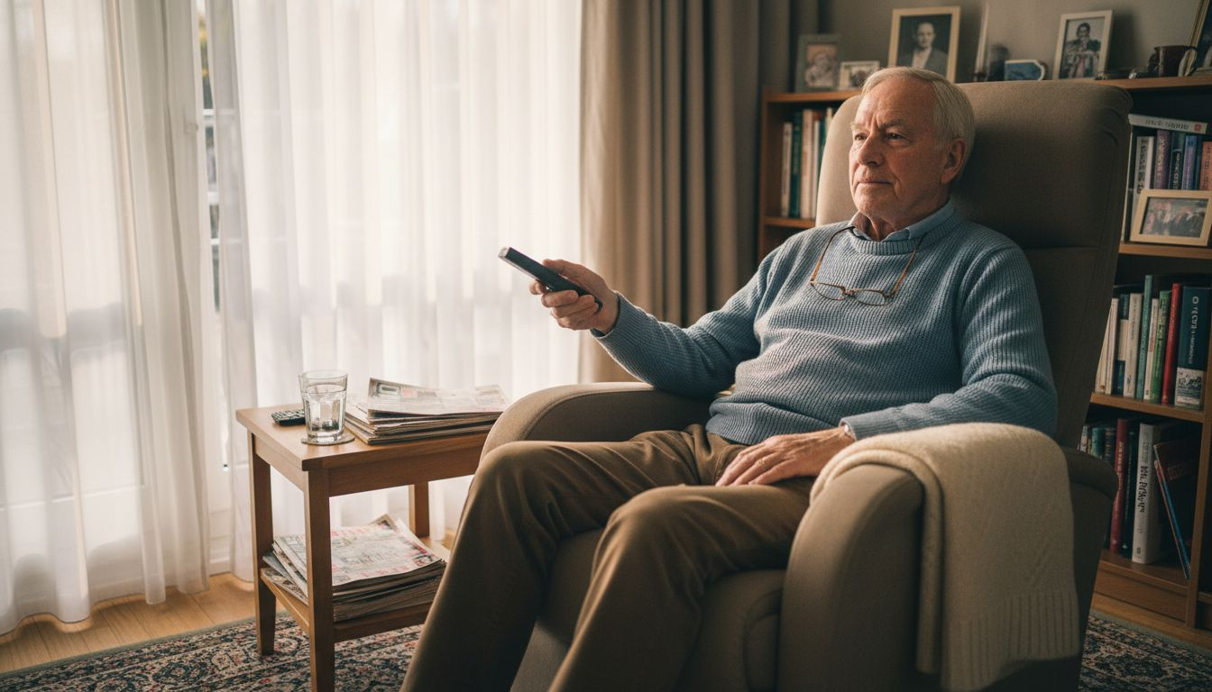 Een oudere heer geniet thuis van zijn elektrische relaxfauteuil.