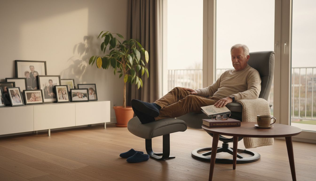 Een man komt helemaal tot rust in een comfortabele Duitse relaxstoel in zijn woonkamer.