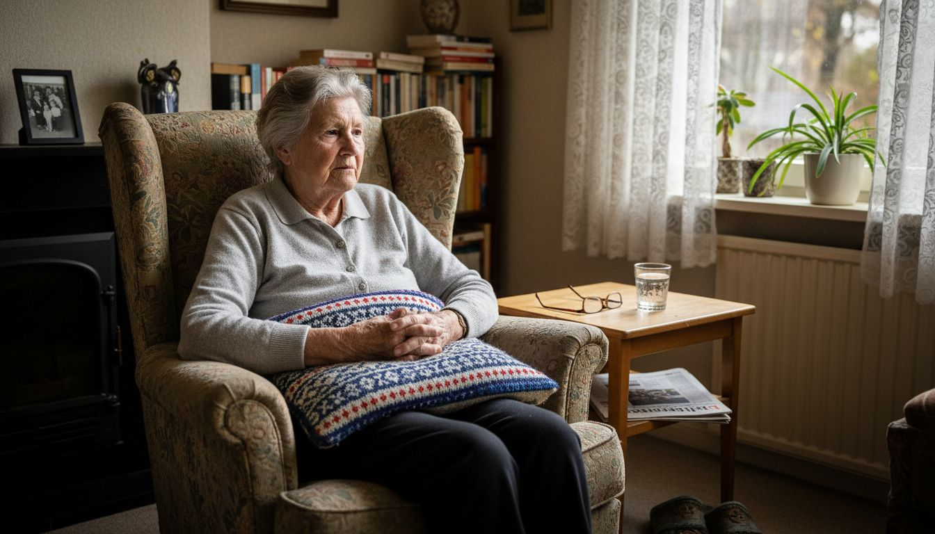 Een oudere dame zit ontspannen in haar stoel.