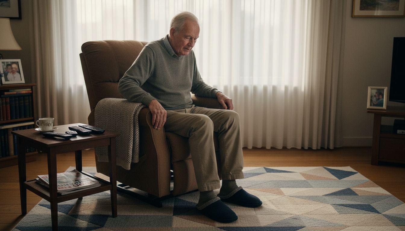 Een oudere man komt overeind uit zijn elektrische sta-op-stoel.