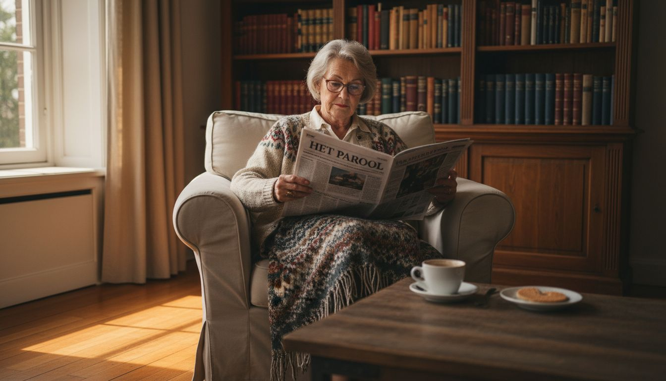 Een oudere dame zit ontspannen in haar favoriete stoel met een boek.