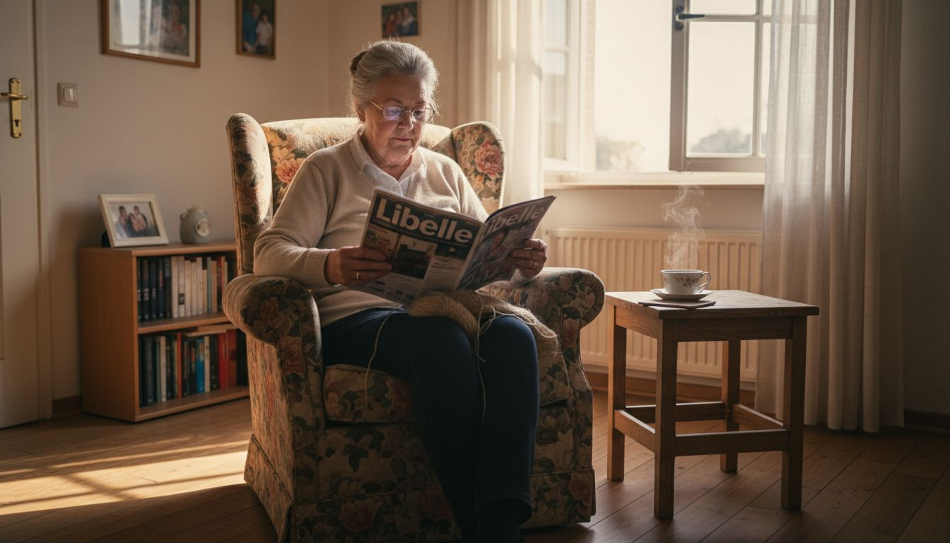 Een oudere dame zit ontspannen in een comfortabele fauteuil.