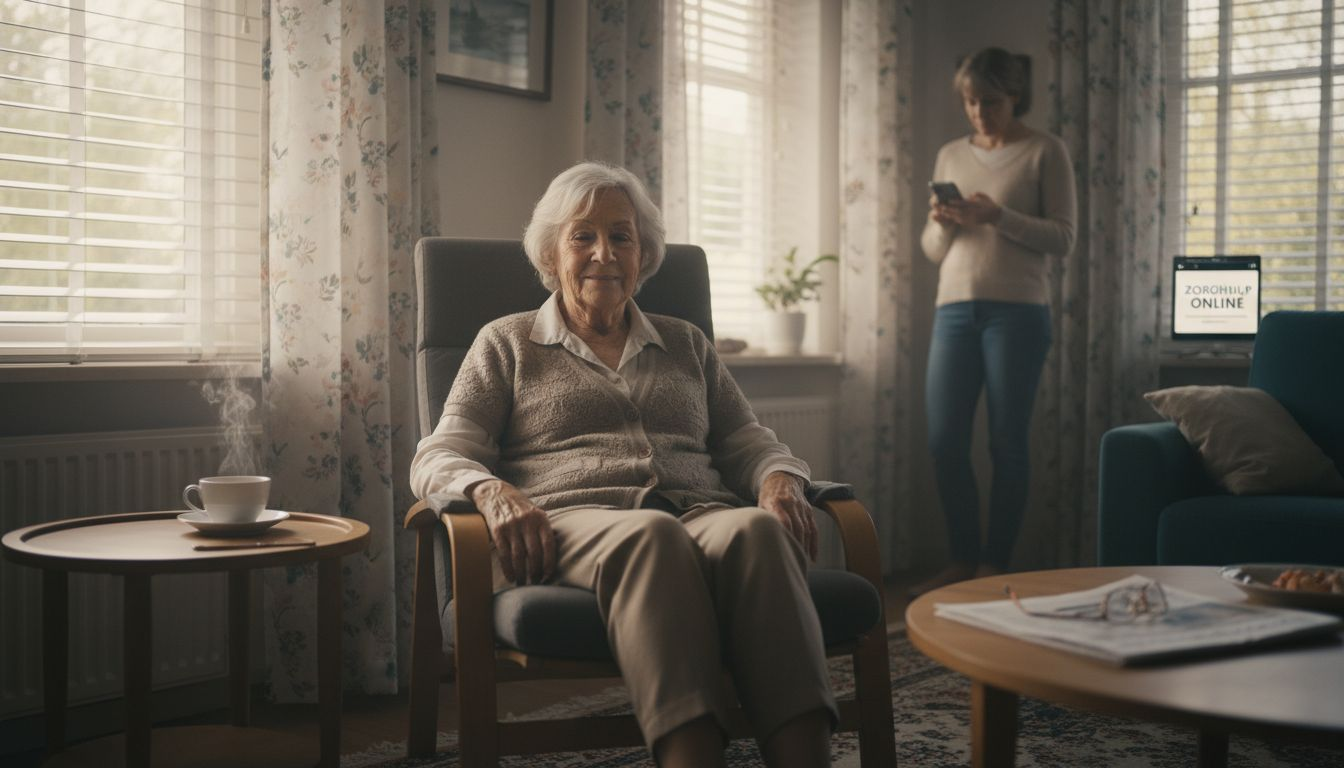 Een oudere dame zit comfortabel in haar stoel terwijl haar mantelzorger liefdevol een oogje in het zeil houdt.