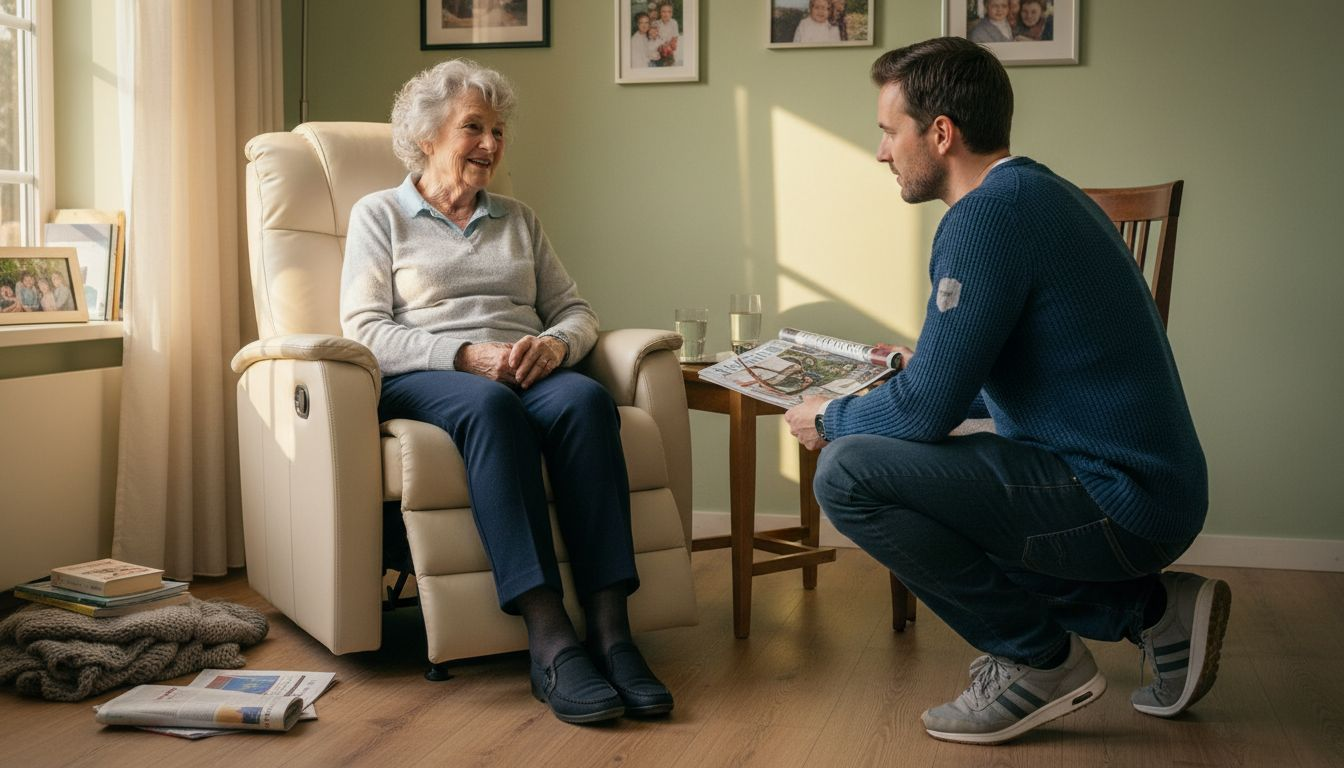 Een oudere dame samen met haar mantelzorger, gezeten op stoelen.