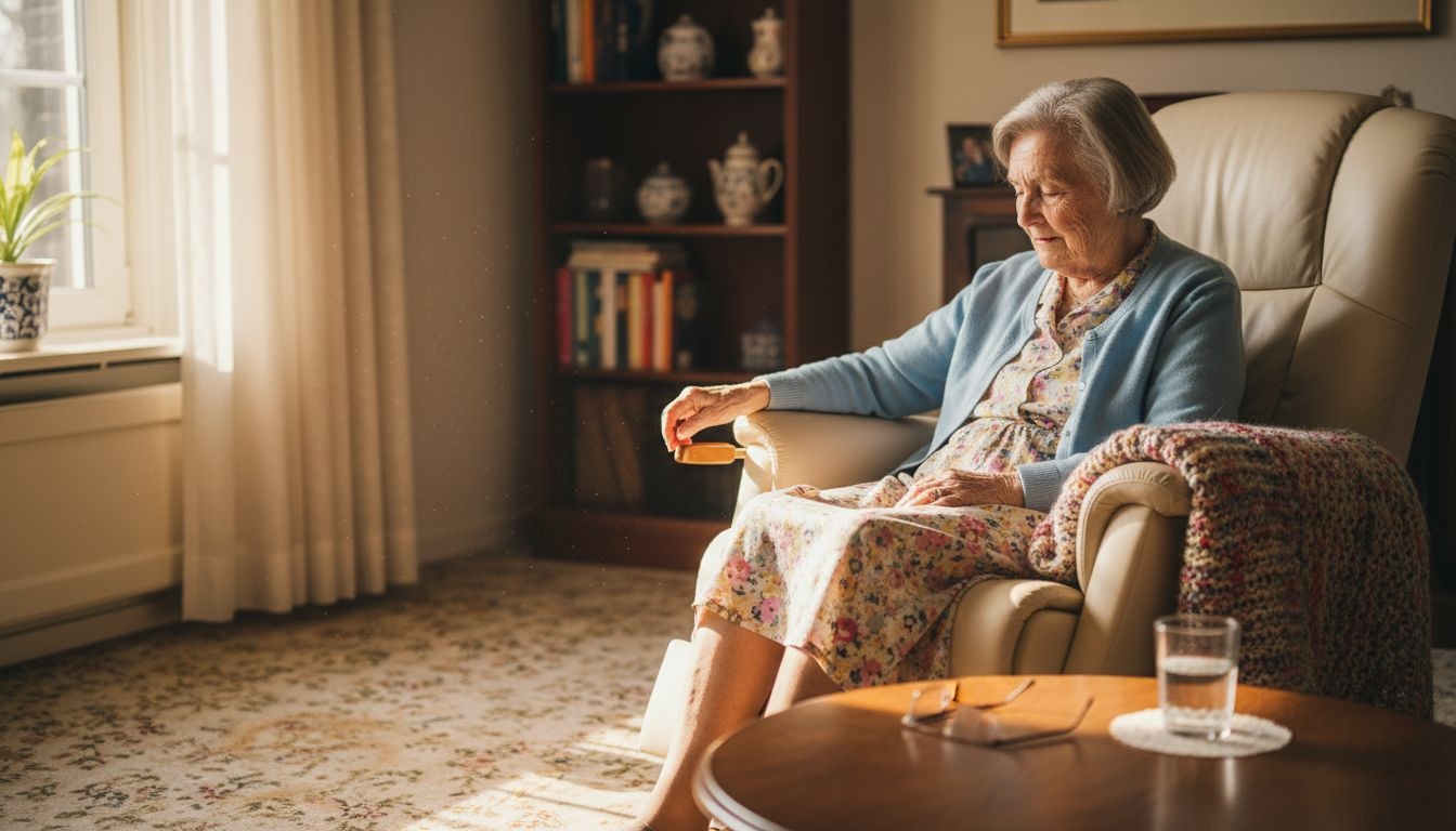 Een oudere dame zit comfortabel in haar favoriete stoel bij haar thuis.