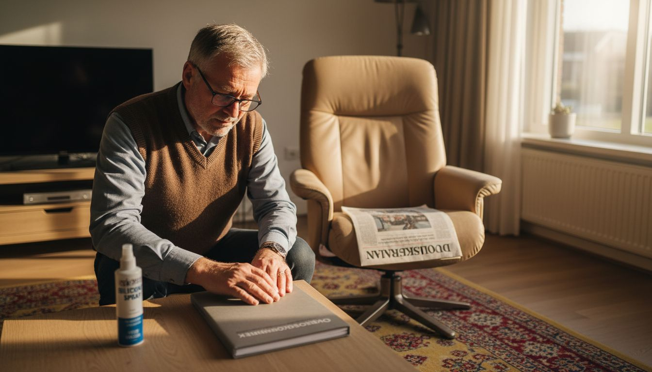 Man inspecteert de bekleding van zijn relaxfauteuil