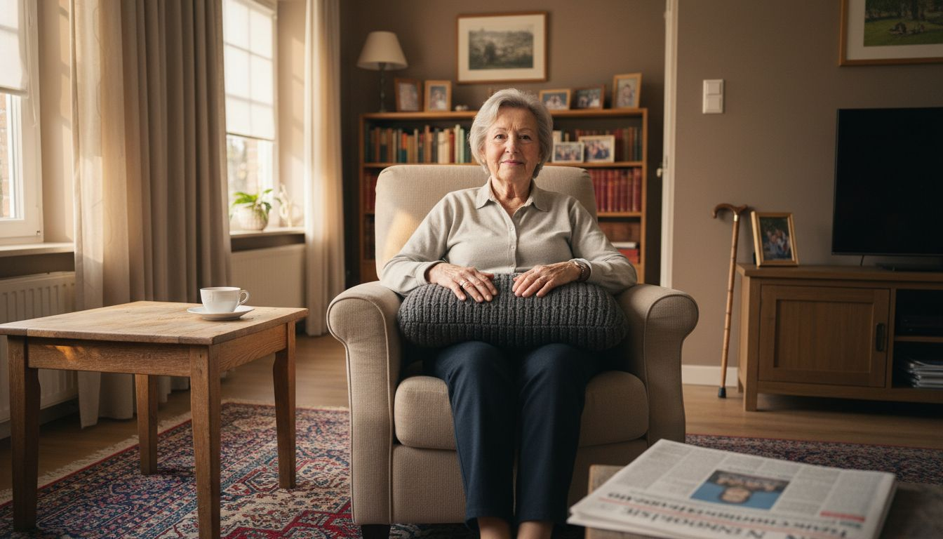 Een oudere dame geniet van extra comfort dankzij een ergonomisch kussen.