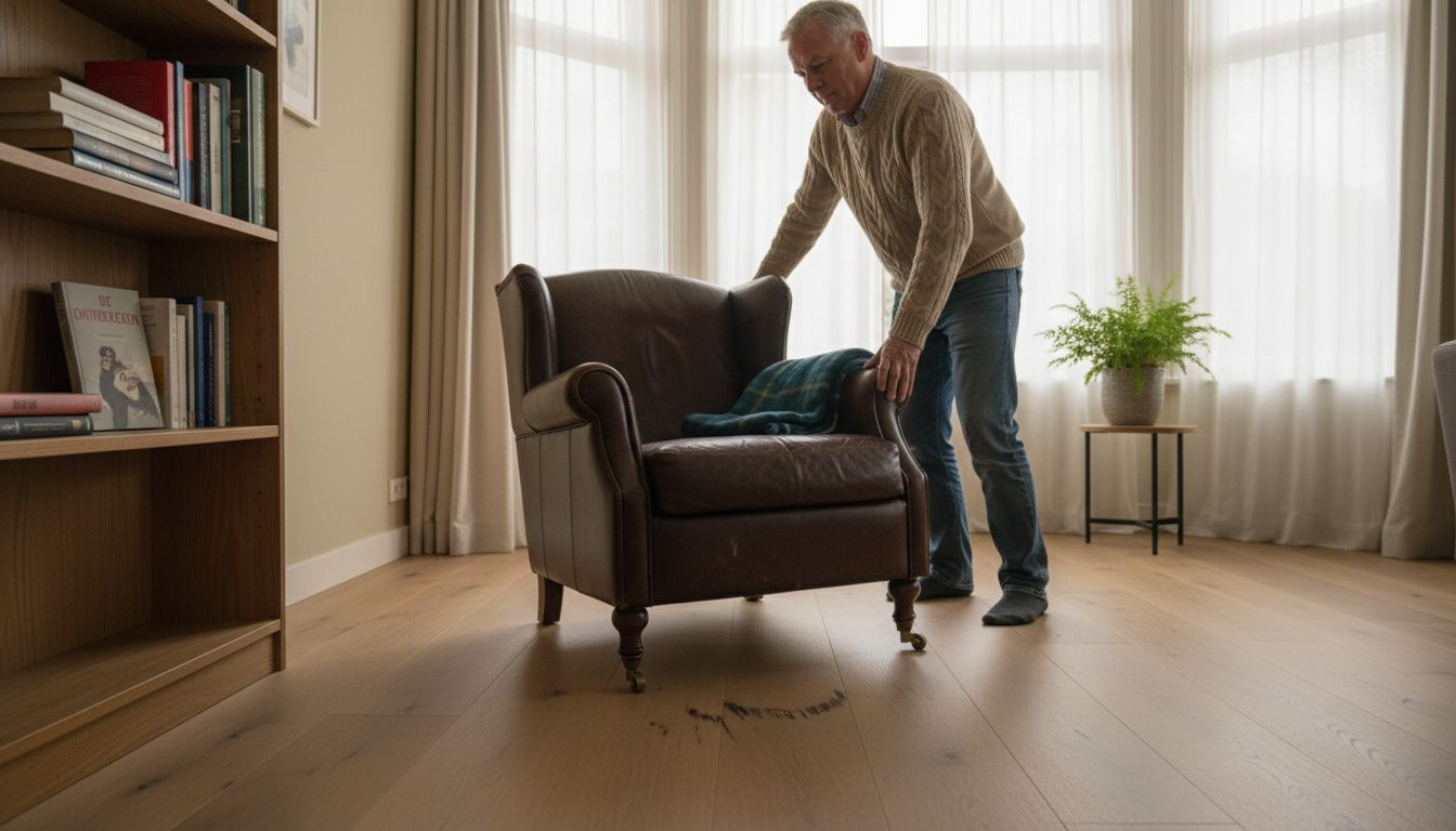 Een man schuift een fauteuil met wieltjes over een houten vloer.