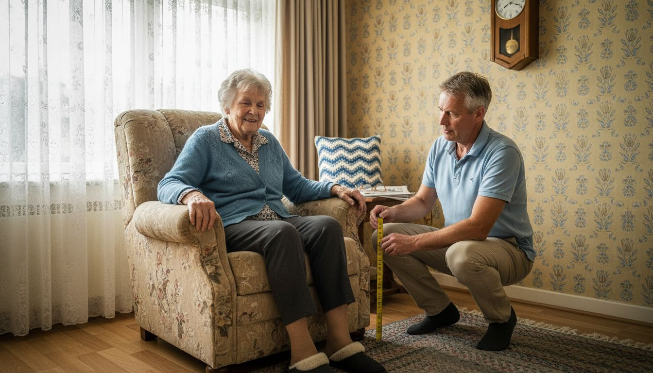 Een oudere en een familielid proberen samen uit hoe comfortabel de stoel zit.