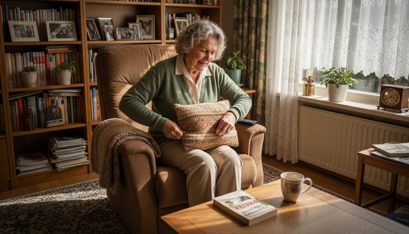 Een oudere dame schuift het kussen in haar fauteuil op zodat ze comfortabeler zit.