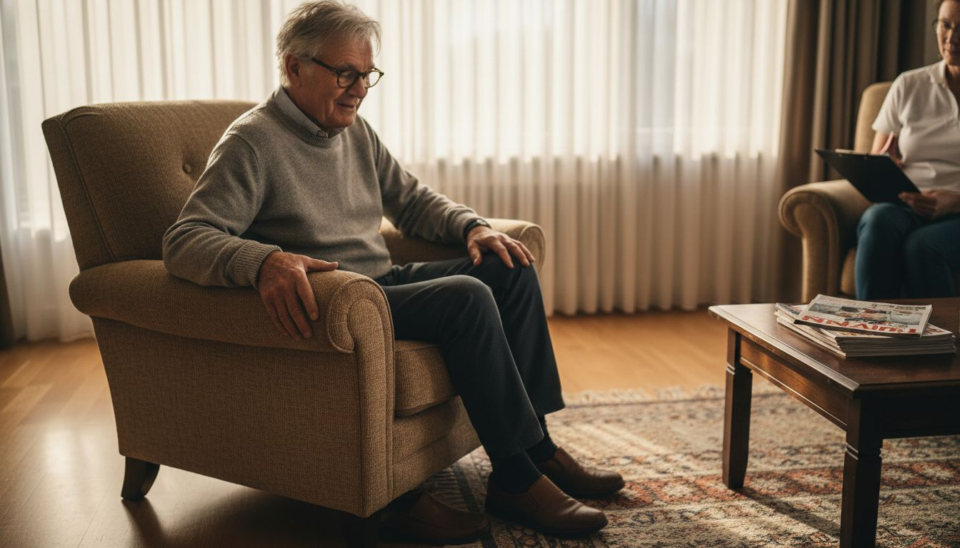 Oudere man probeert een comfortabele fauteuil uit