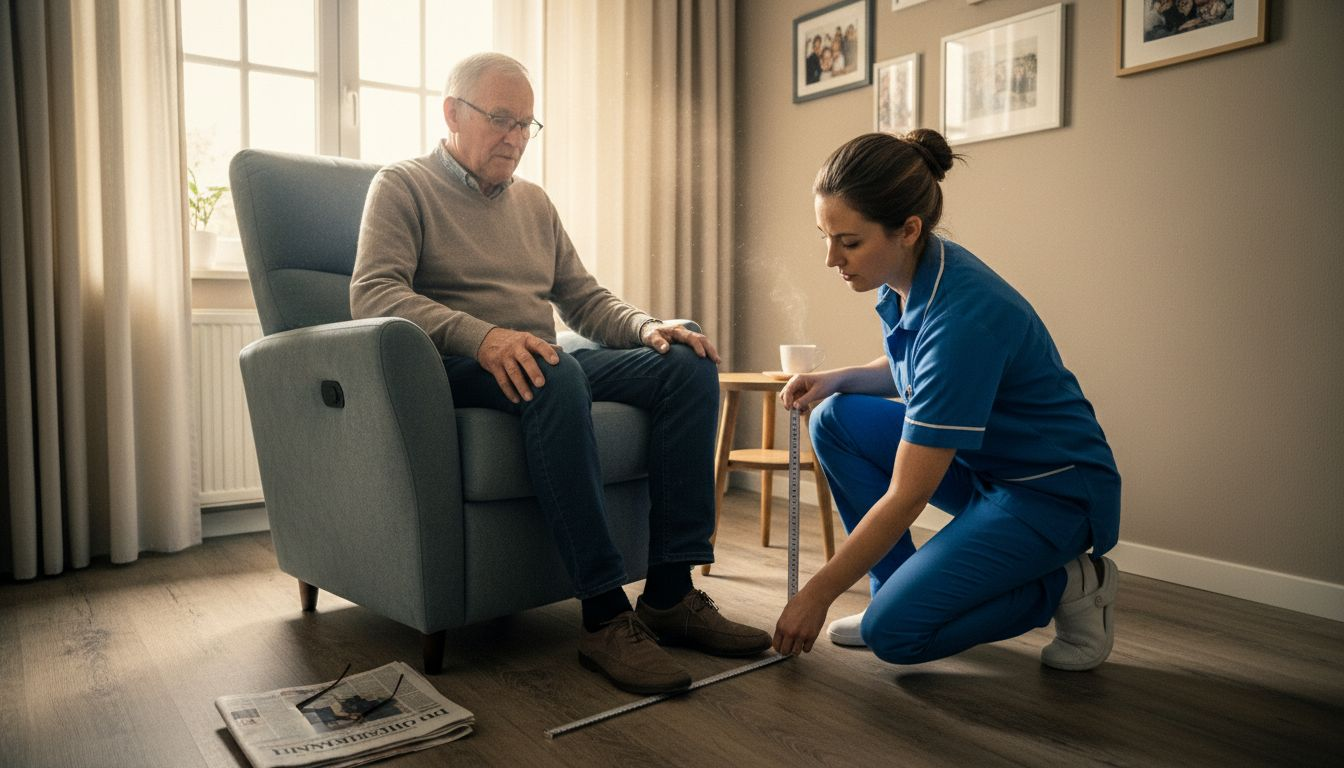 Een oudere heer laat zich opmeten voor een nieuwe stoel.