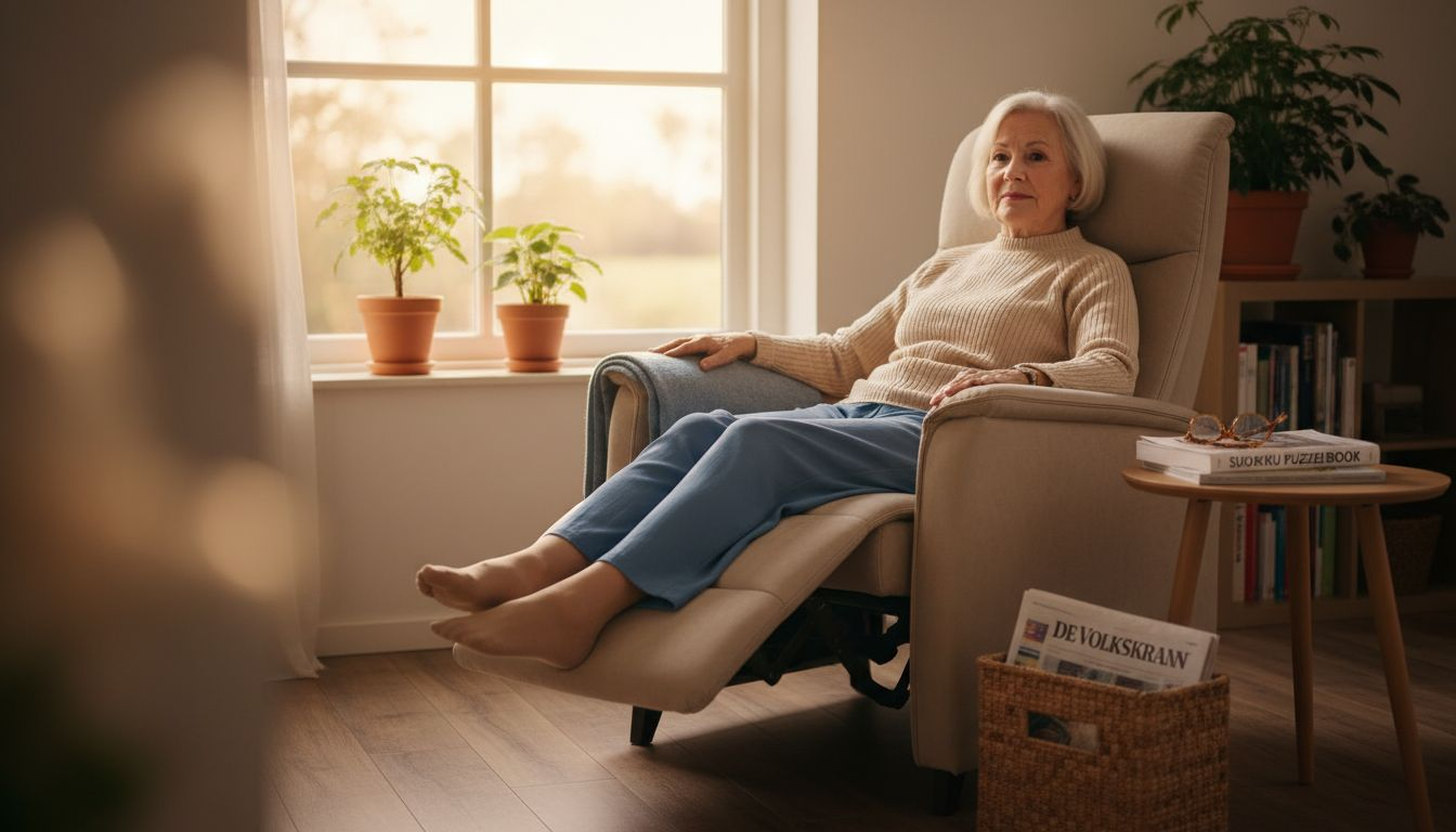 Een oudere dame zit lekker ontspannen in een comfortabele stoel bij het raam.
