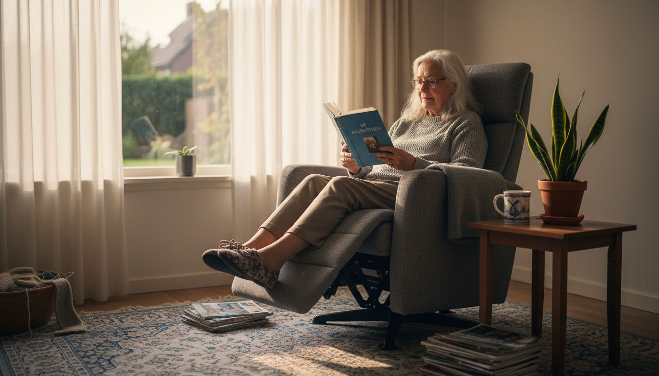 Een oudere dame zit ontspannen in een fauteuil in de woonkamer met een boek.