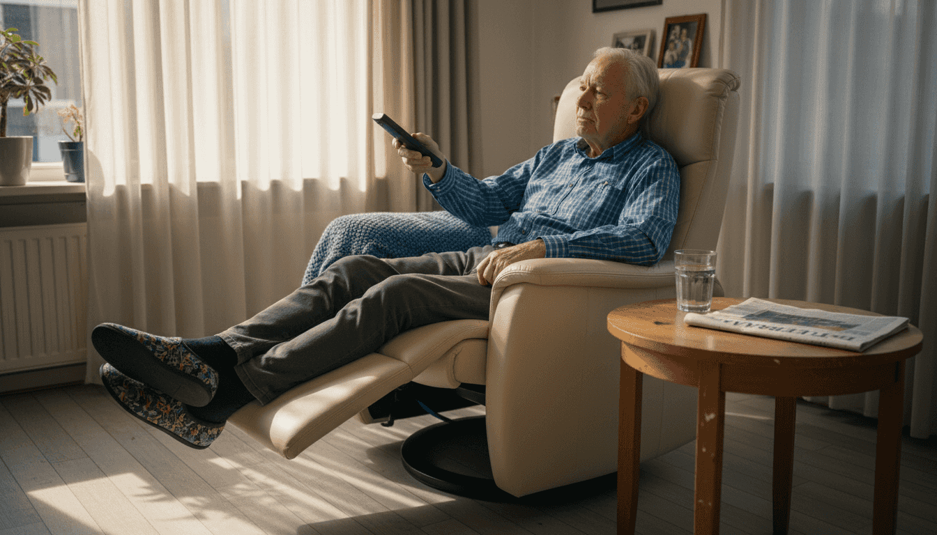 Oudere man geniet van zijn rust in een comfortabele relaxstoel.