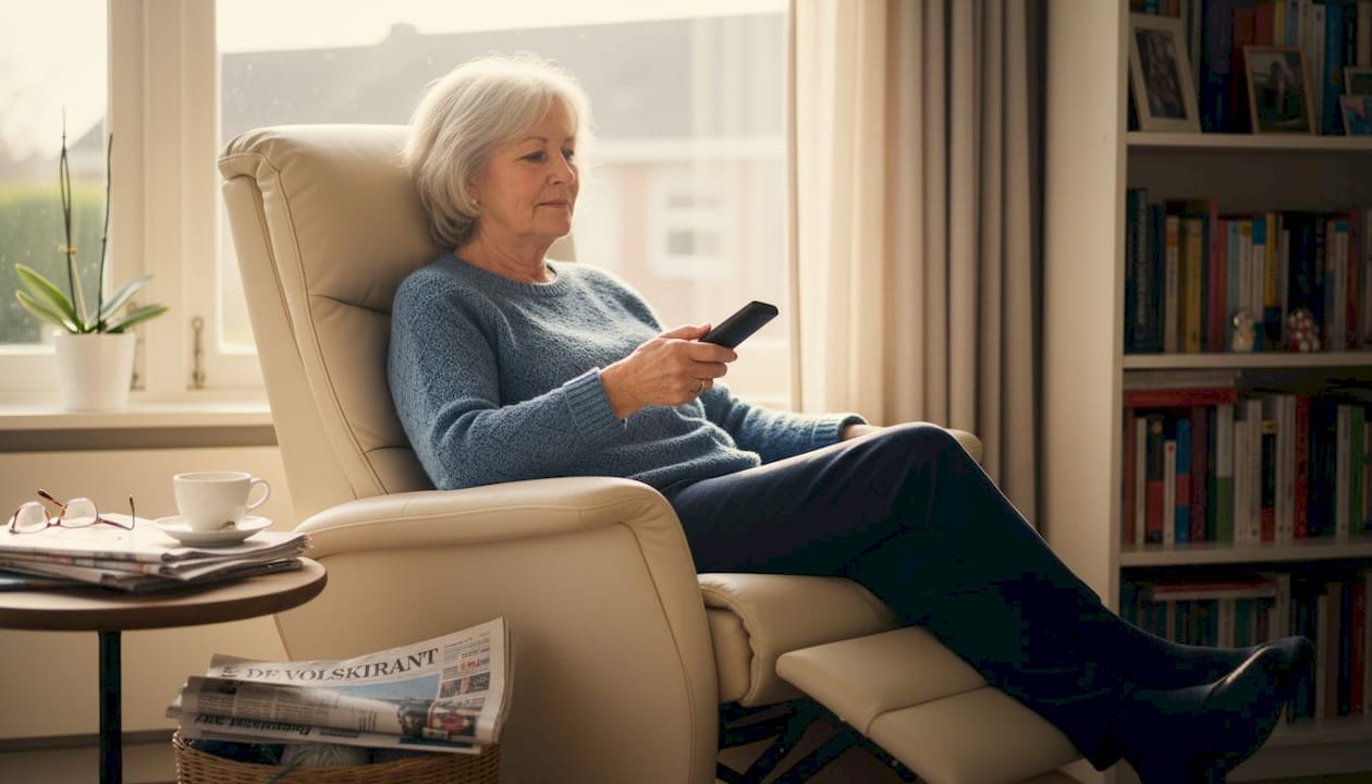 Een vrouw verstelt haar relaxfauteuil met de afstandsbediening.