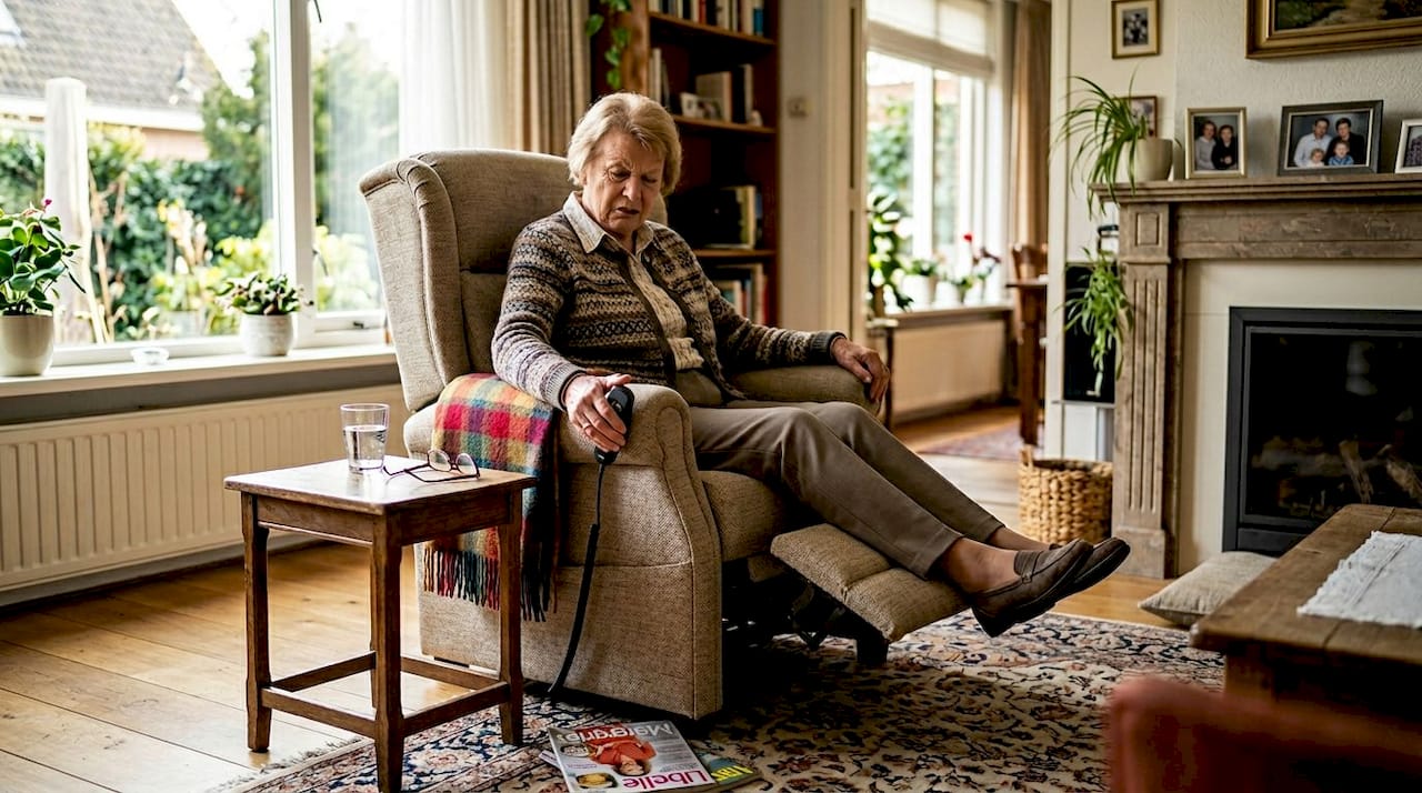 Een oudere dame stelt haar relaxstoel in