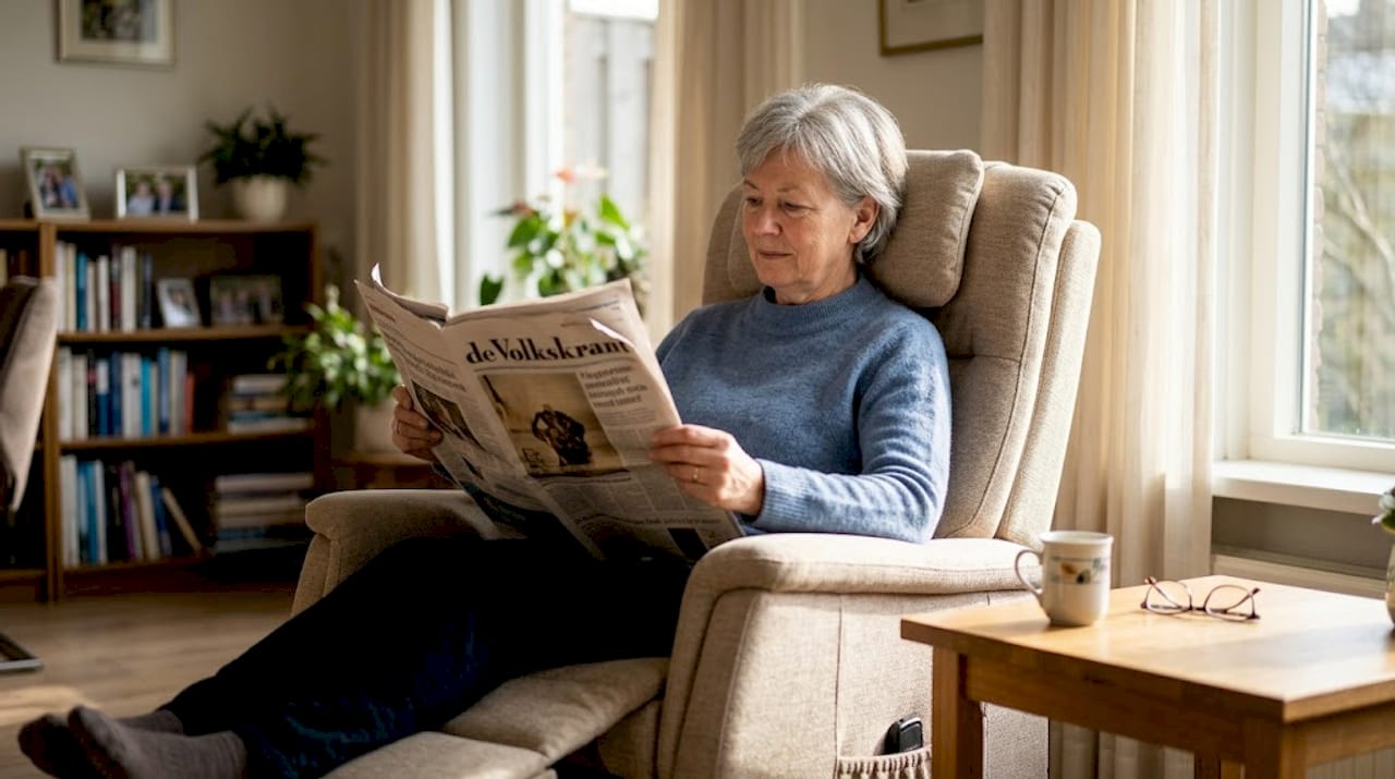Een vrouw zit comfortabel te lezen in een relaxstoel met nekkussen.
