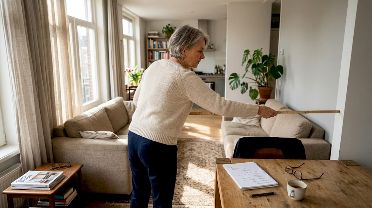 Vrouw kijkt of er genoeg ruimte is voor een relaxfauteuil in de woonkamer