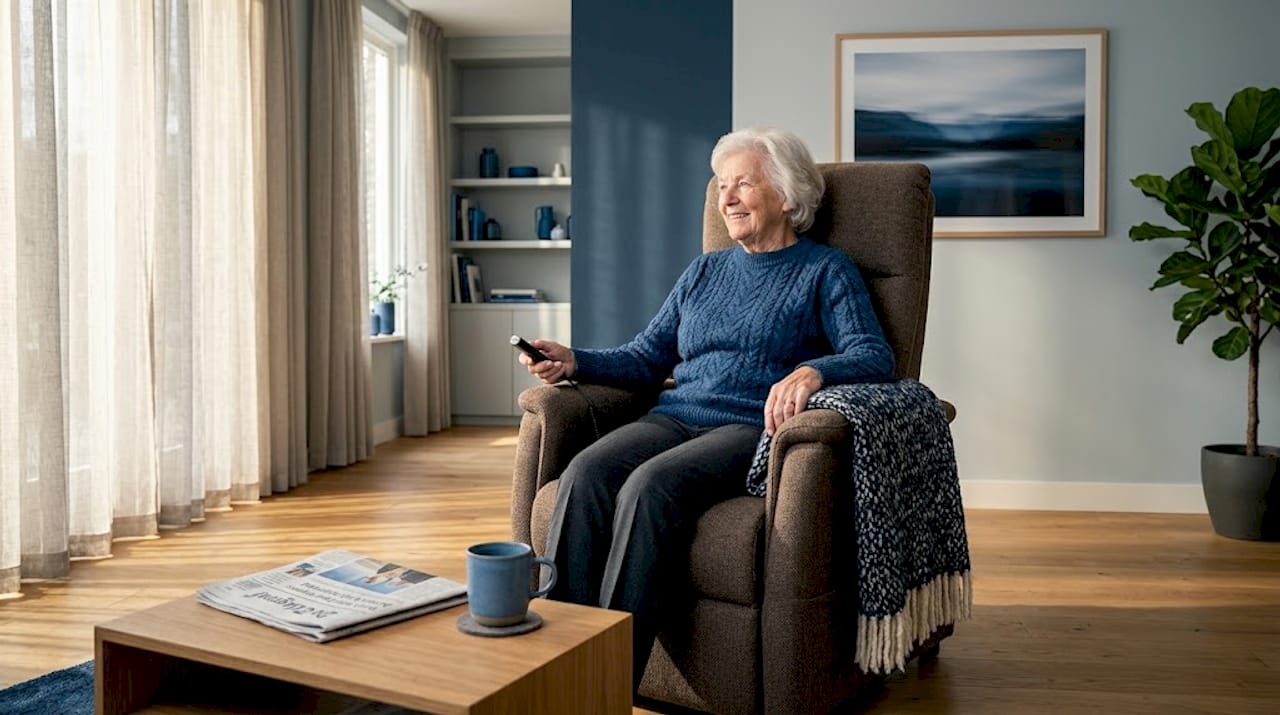 Een oudere dame geniet thuis van haar comfortabele sta-opstoel.