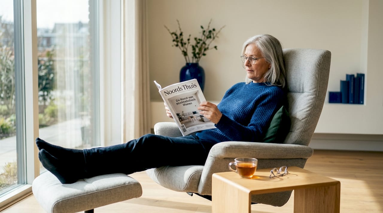 Een vrouw zit comfortabel in een stoel en leest een boek, gesteund door een fijn kussen in haar rug.