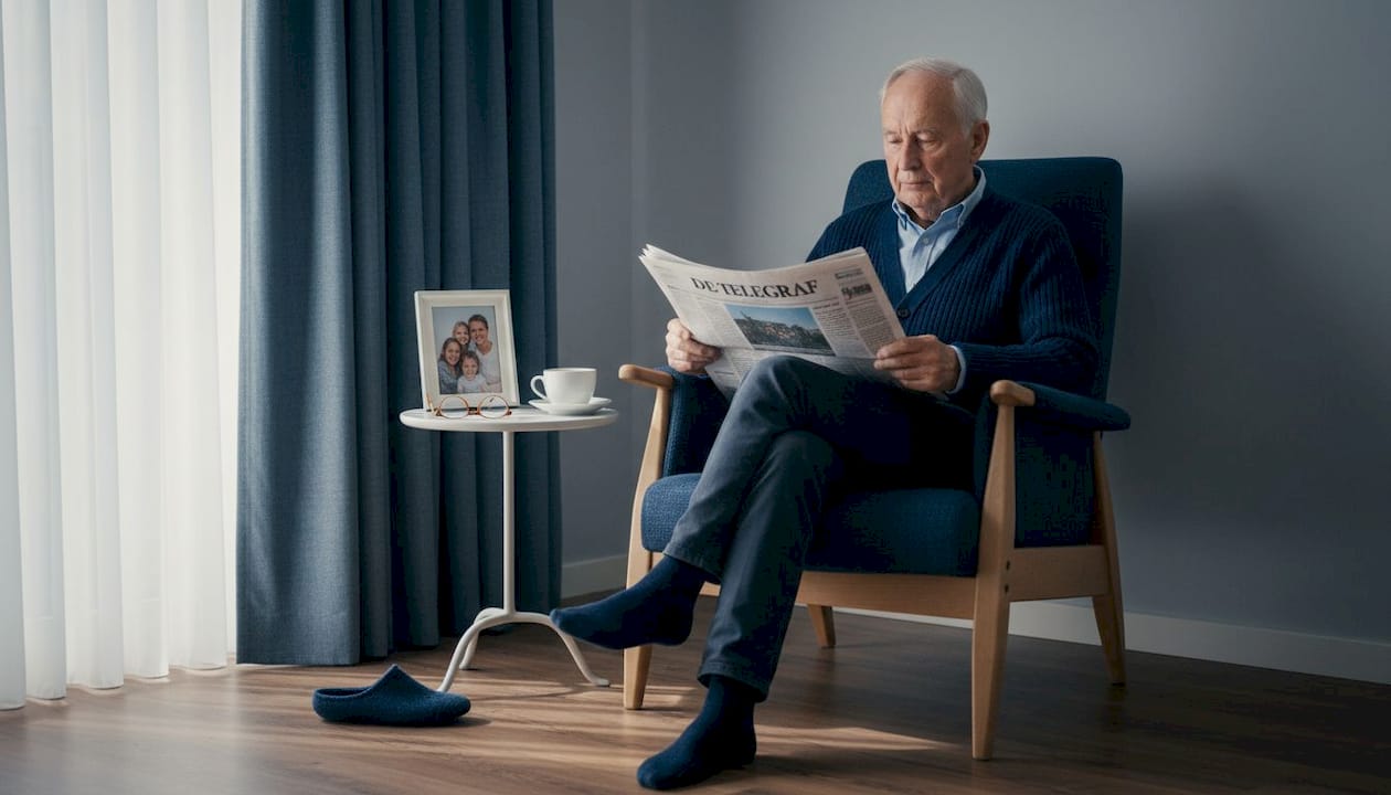 Een oudere man zit lekker in zijn gemakkelijke stoel en leest de krant bij het daglicht.