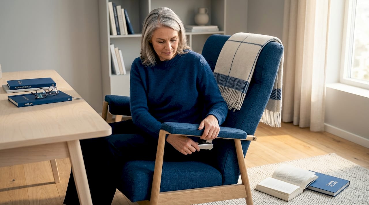 Een vrouw stelt de zitdiepte van haar stoel in, terwijl ze in de woonkamer zit.