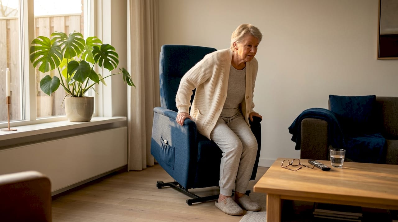Een oudere dame maakt in de woonkamer gebruik van haar sta-opstoel.