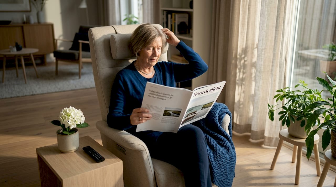 Een oudere dame zit comfortabel in de woonkamer en leest een boek, haar hoofd leunend tegen een zachte hoofdsteun.