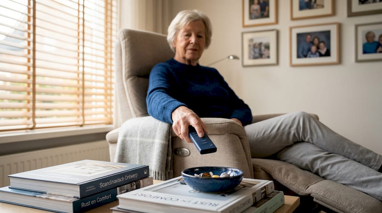 Een oudere dame stelt thuis haar relaxfauteuil opnieuw in met een afstandsbediening.