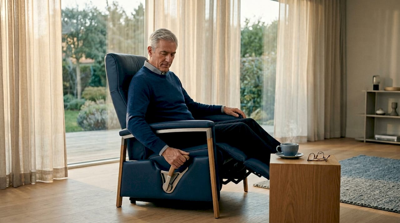 Een man stelt zijn relaxstoel bij in de woonkamer.