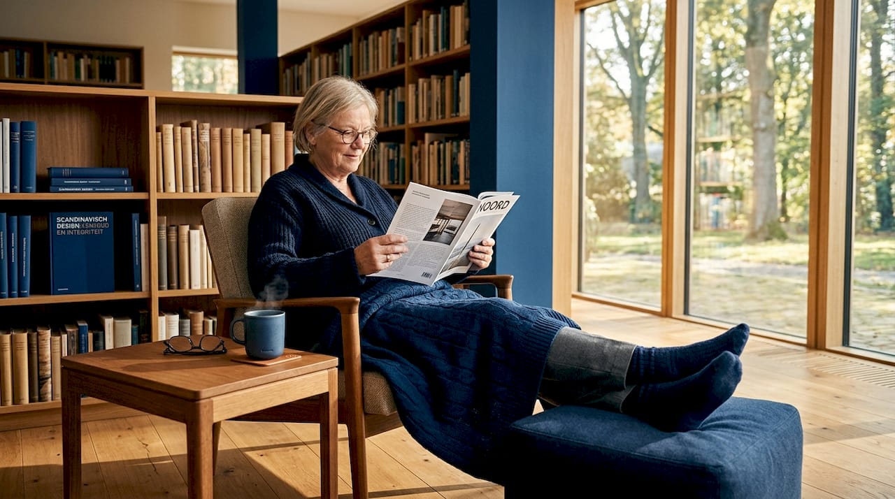 Een oudere dame zit heerlijk ontspannen met een boek in een comfortabele stoel.