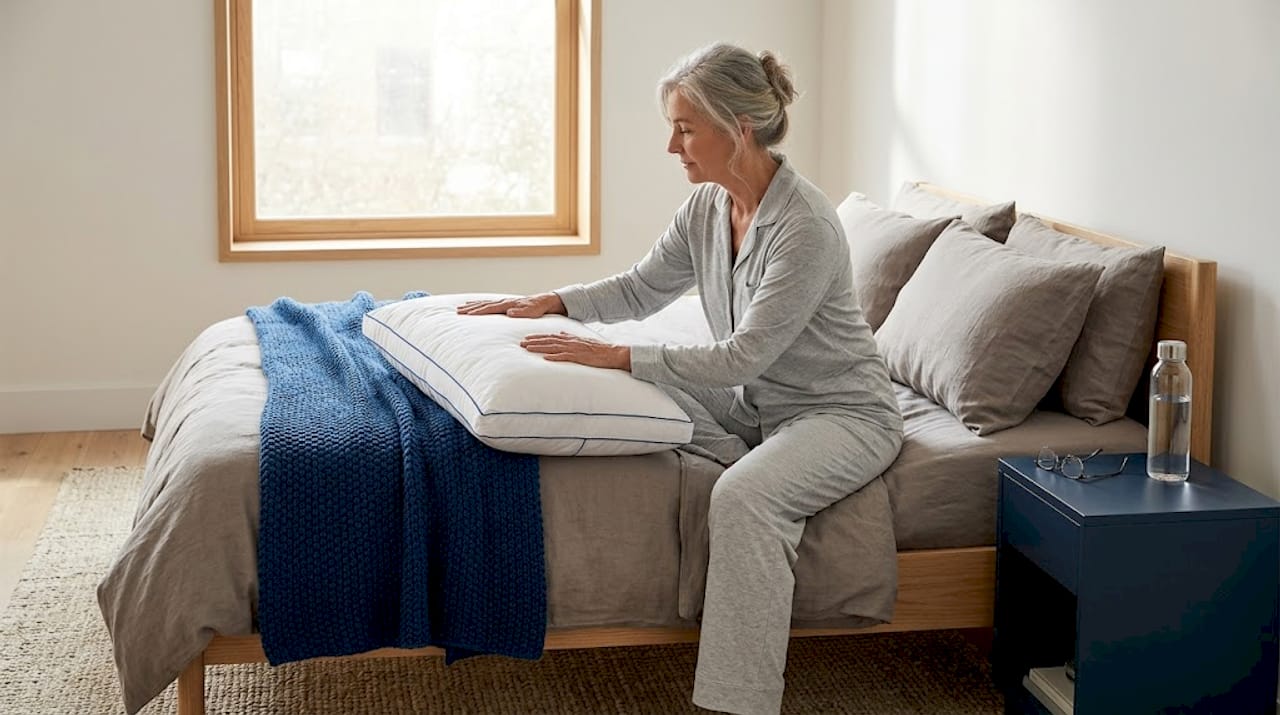 Vrouw probeert nieuw, extra dik hoofdkussen uit op de slaapkamer