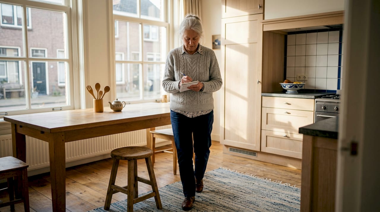 Oudere dame bekijkt haar woning om te zien of alles nog goed toegankelijk is